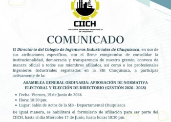 Convocatoria a Asamblea General Ordinaria del Colegio de Ingenieros Industriales de Chuquisaca