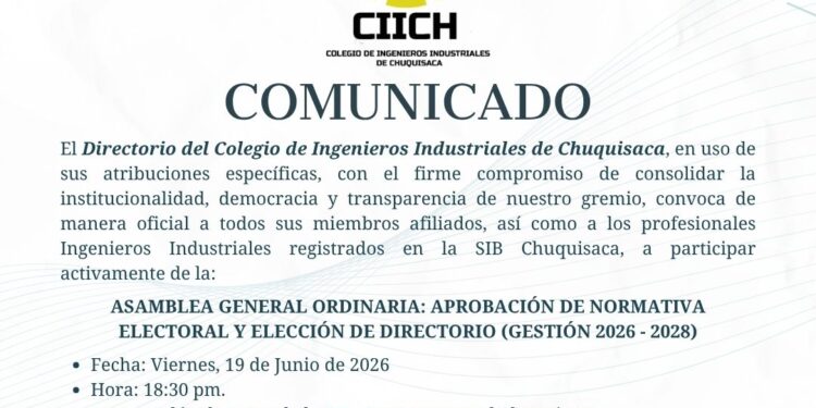 Convocatoria a Asamblea General Ordinaria del Colegio de Ingenieros Industriales de Chuquisaca